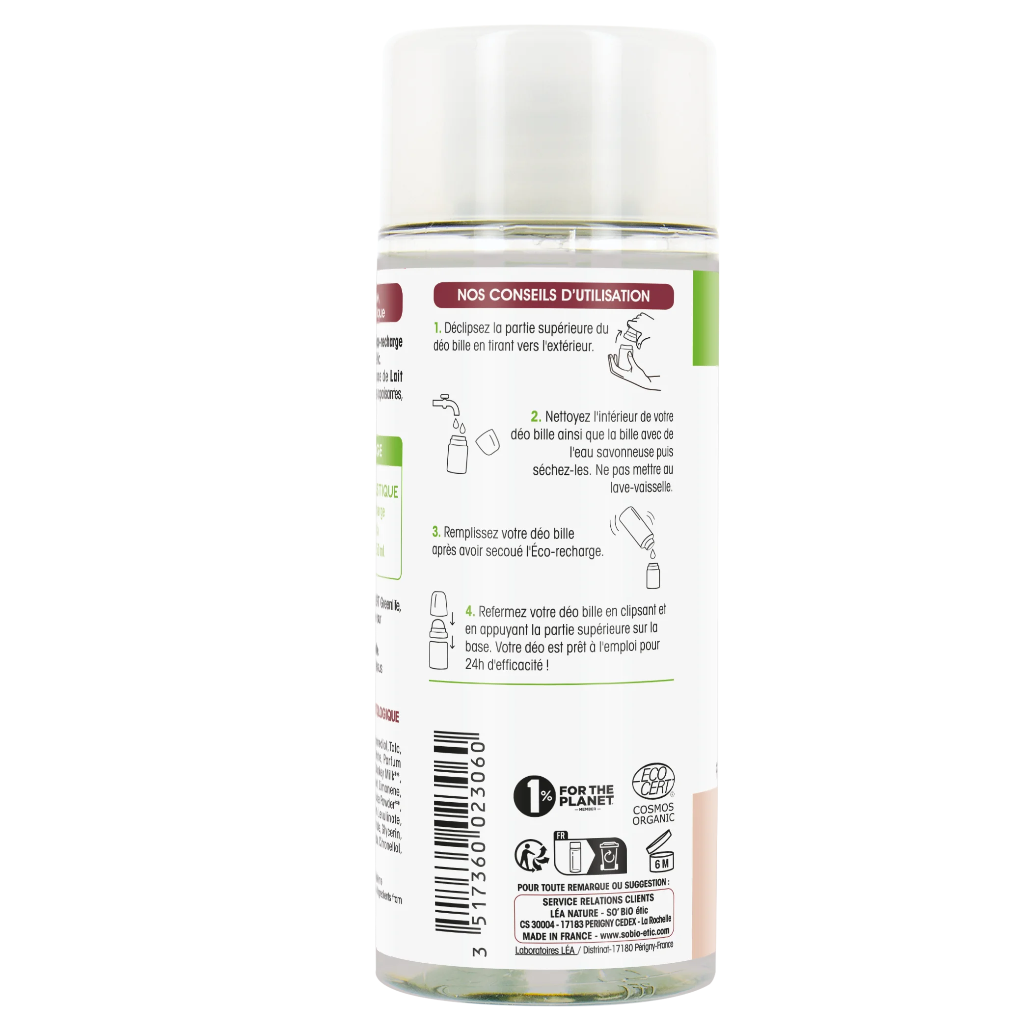 SO’BiO étic Recambio para desodorante roll-on hidratante 24 h con leche de burra BIO (150 ml) - un recambio sustituye a tres roll-on