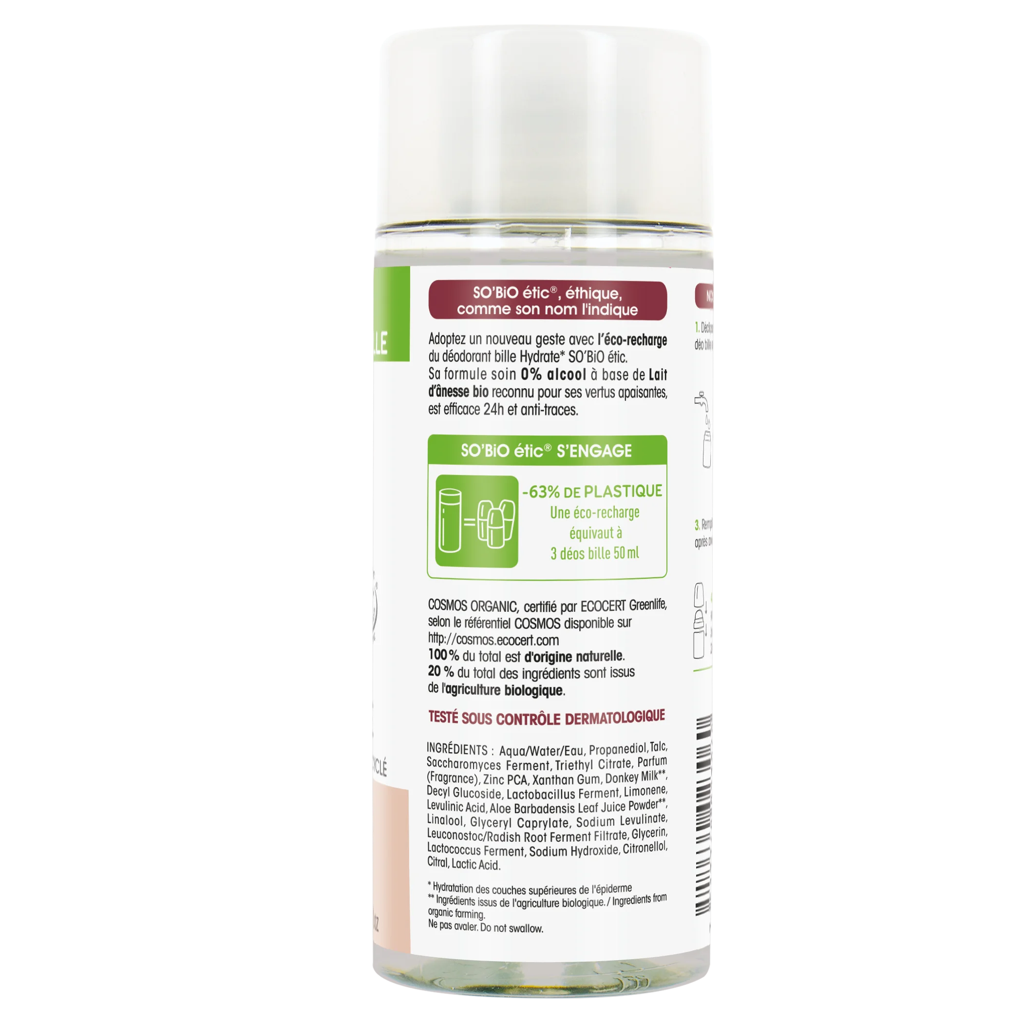 SO’BiO étic Recambio para desodorante roll-on hidratante 24 h con leche de burra BIO (150 ml) - un recambio sustituye a tres roll-on