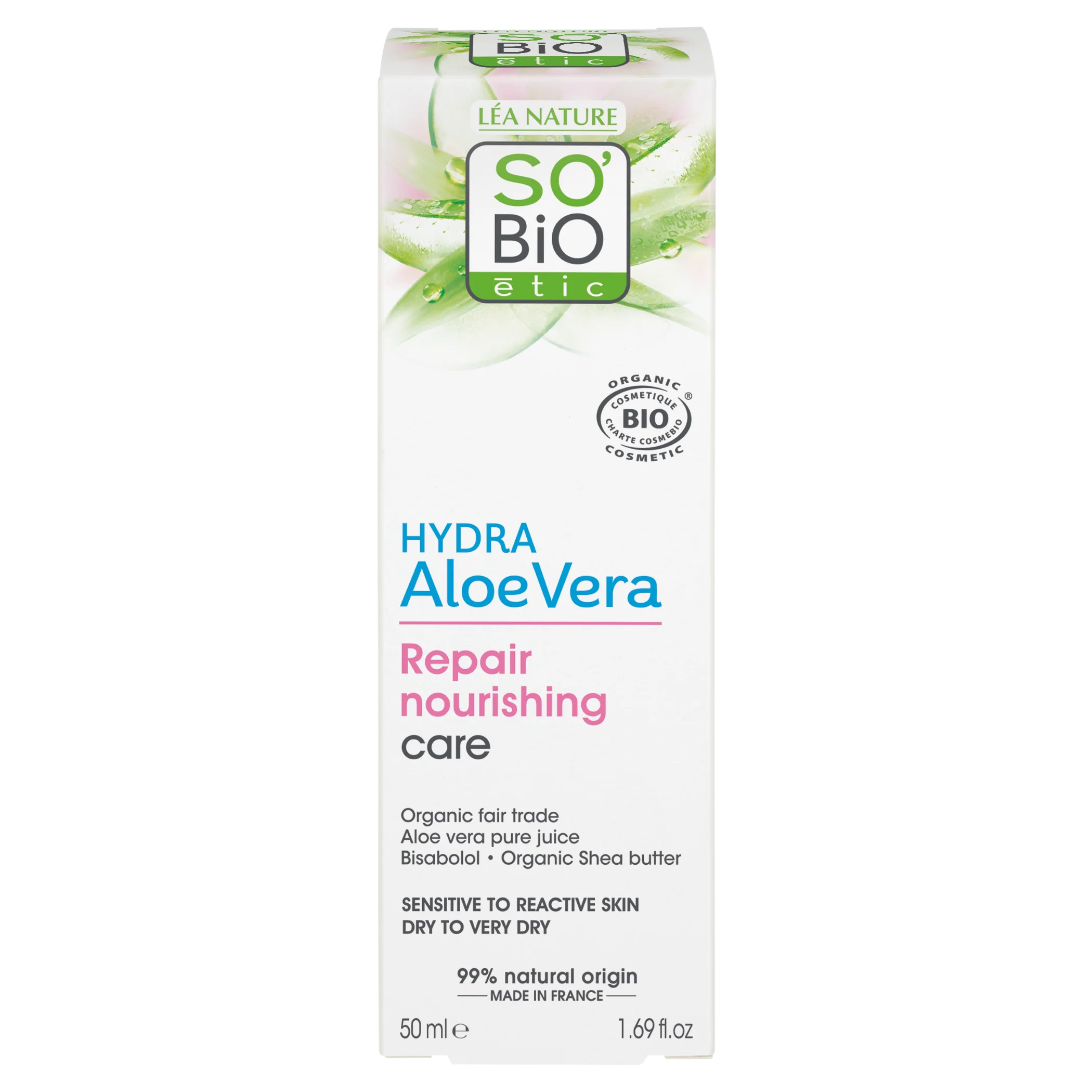 SO’BiO étic Cuidado nutritivo reparador con Aloe vera para piel sensible BIO (50 ml) - hidrata y nutre la piel