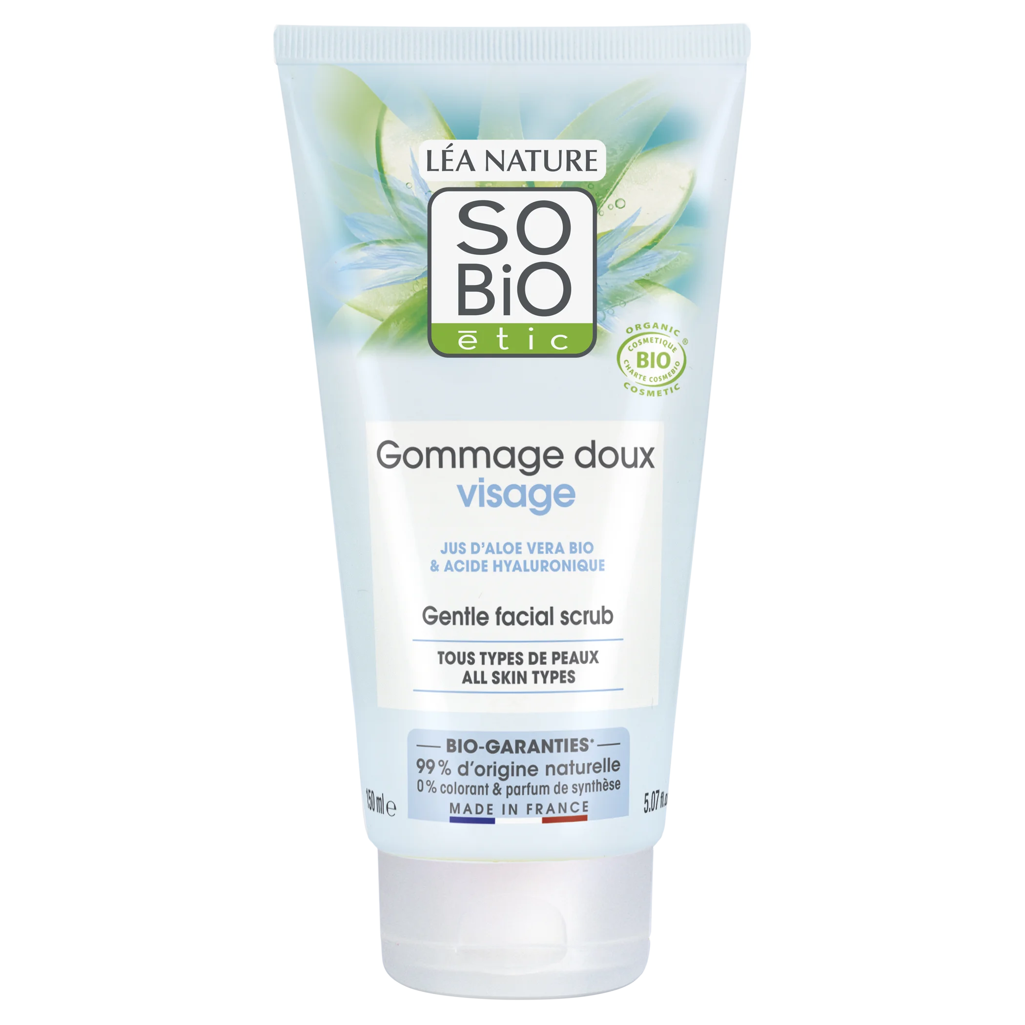 SO’BiO étic Peeling suave para uso frecuente Aloe vera hidratante BIO (150 ml) - con ácido hialurónico