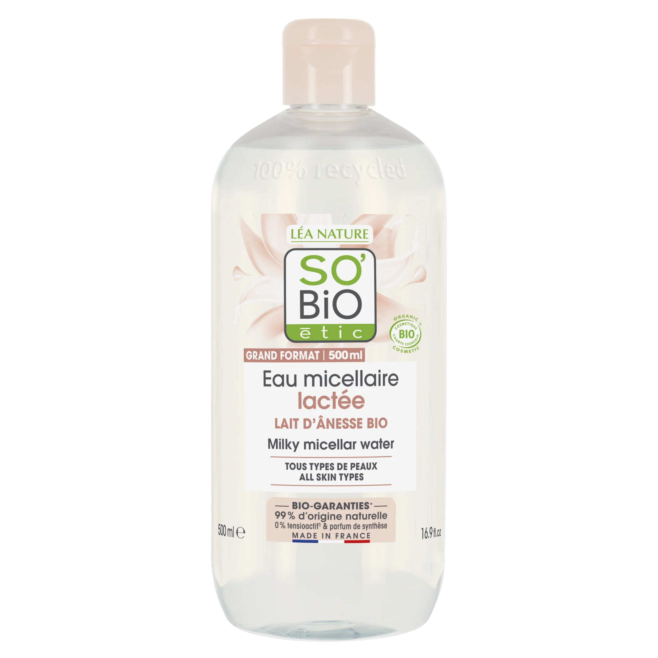 SO’BiO étic Agua micelar con leche de burra BIO (500 ml) - apta también para pieles sensibles