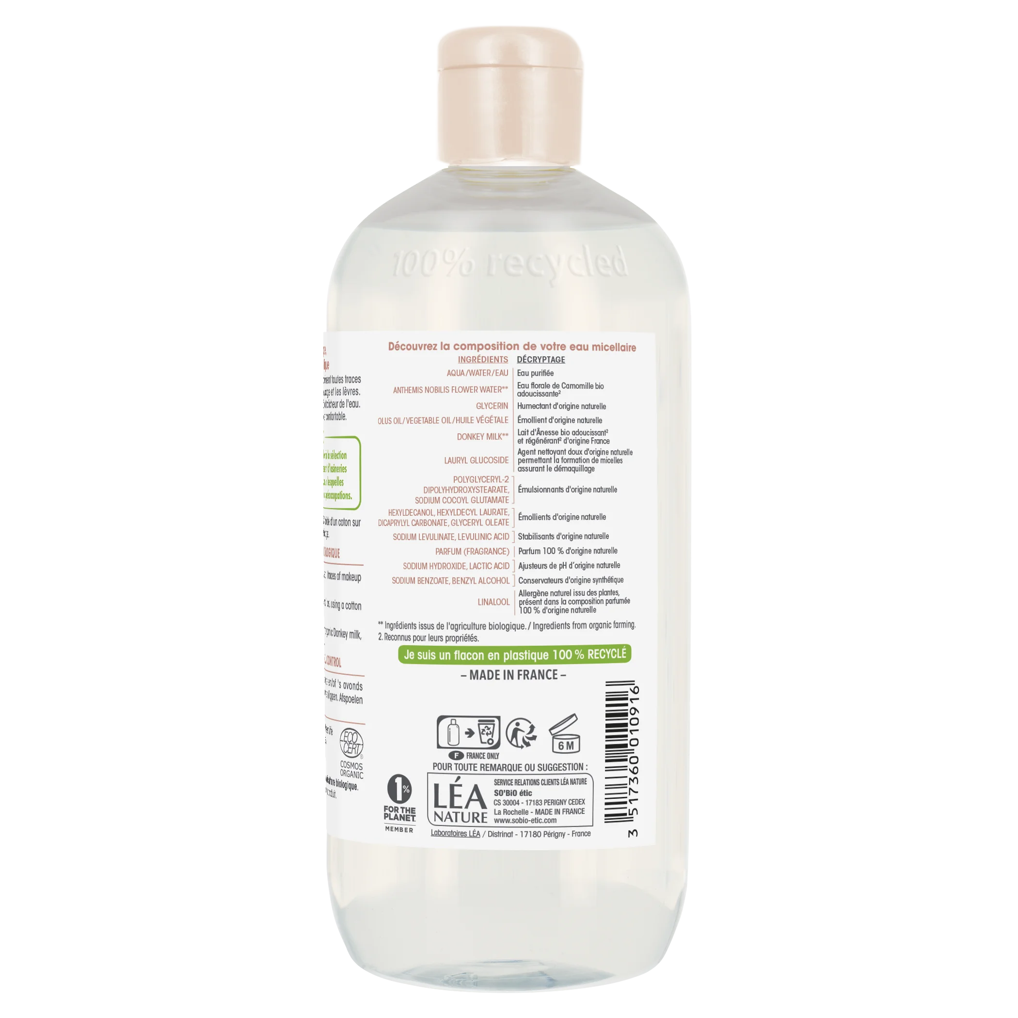 SO’BiO étic Agua micelar con leche de burra BIO (500 ml) - apta también para pieles sensibles