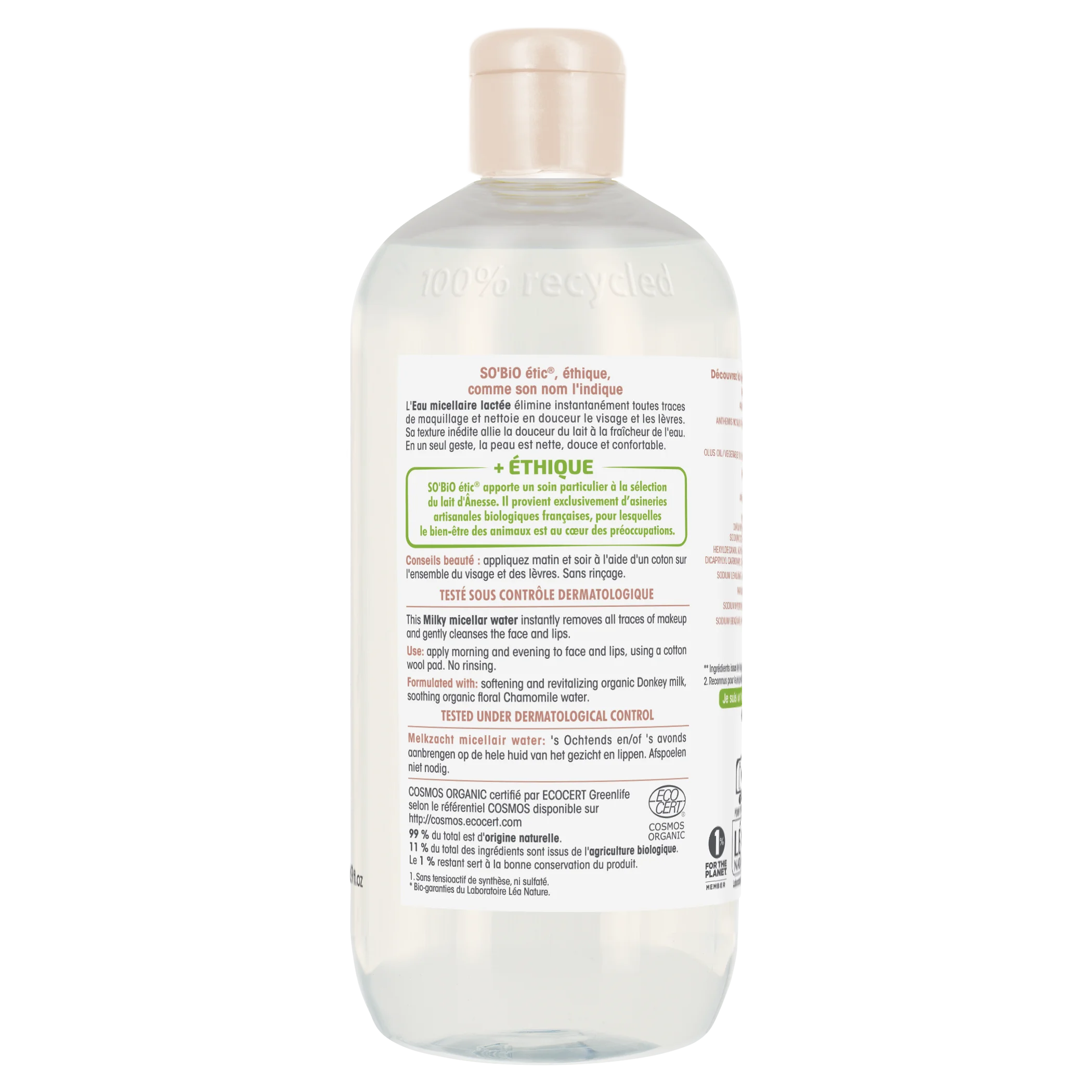 SO’BiO étic Agua micelar con leche de burra BIO (500 ml) - apta también para pieles sensibles