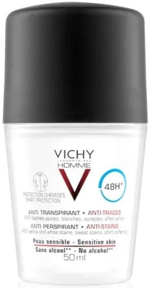 Vichy Homme Antitranspirante 48h contra las manchas blancas y amarillas para hombre