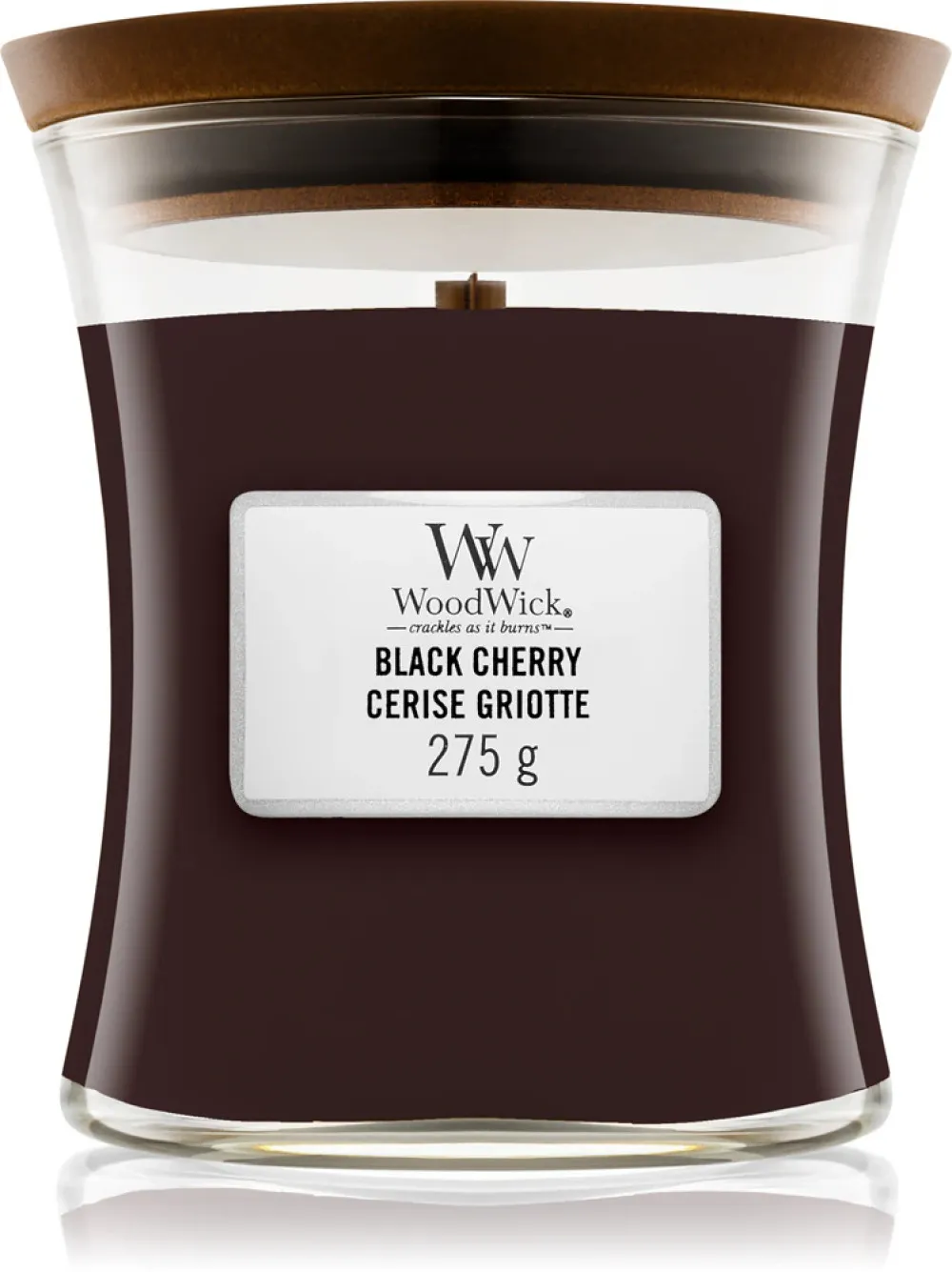 Vela aromática WoodWick Black Cherry con mecha de madera 275 g