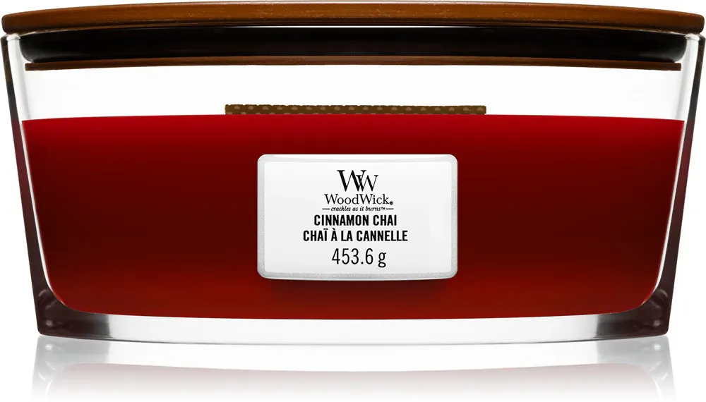 Vela aromática WoodWick Cinnamon Chai con mecha de madera 453,6 g