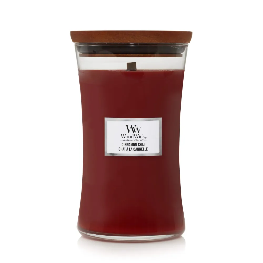 Vela aromática WoodWick Cinnamon Chai con mecha de madera 609,5 g
