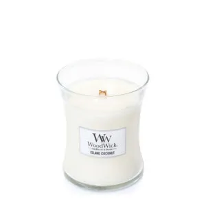 Vela aromática WoodWick Island Coconut con mecha de madera para mujeres