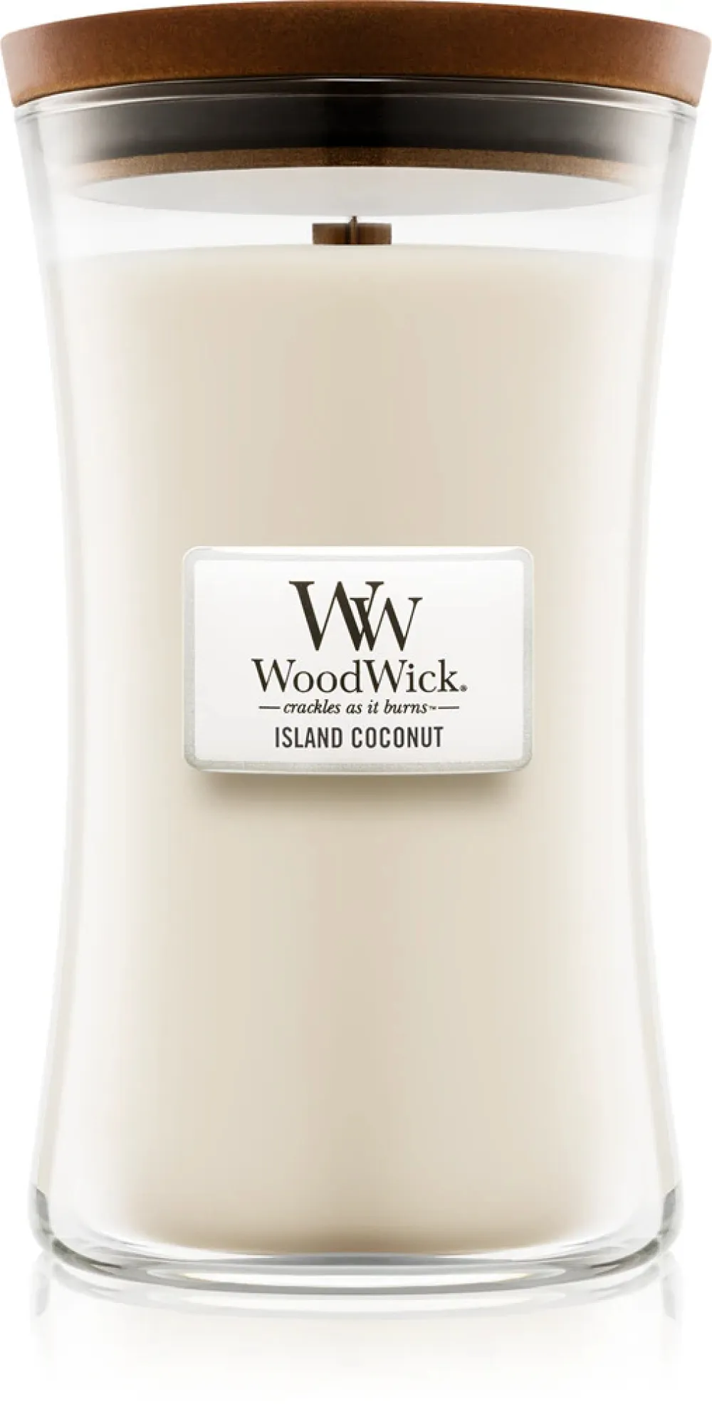 Vela aromática WoodWick Island Coconut con mecha de madera 609,5 g