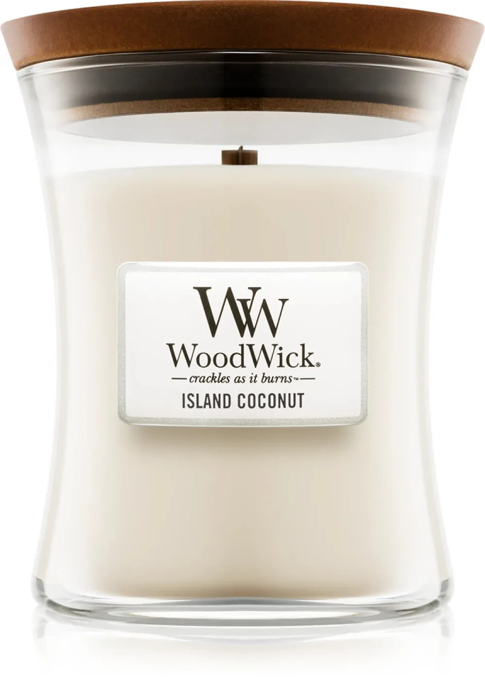 Vela aromática WoodWick Island Coconut con mecha de madera 609,5 g