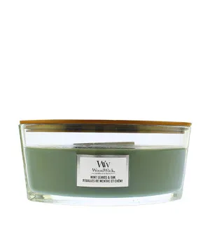 Vela aromática WoodWick Mint Leaves & Oak con mecha de madera 453,6 g