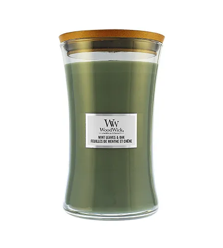 Vela aromática WoodWick Mint Leaves & Oak con mecha de madera 609,5 g
