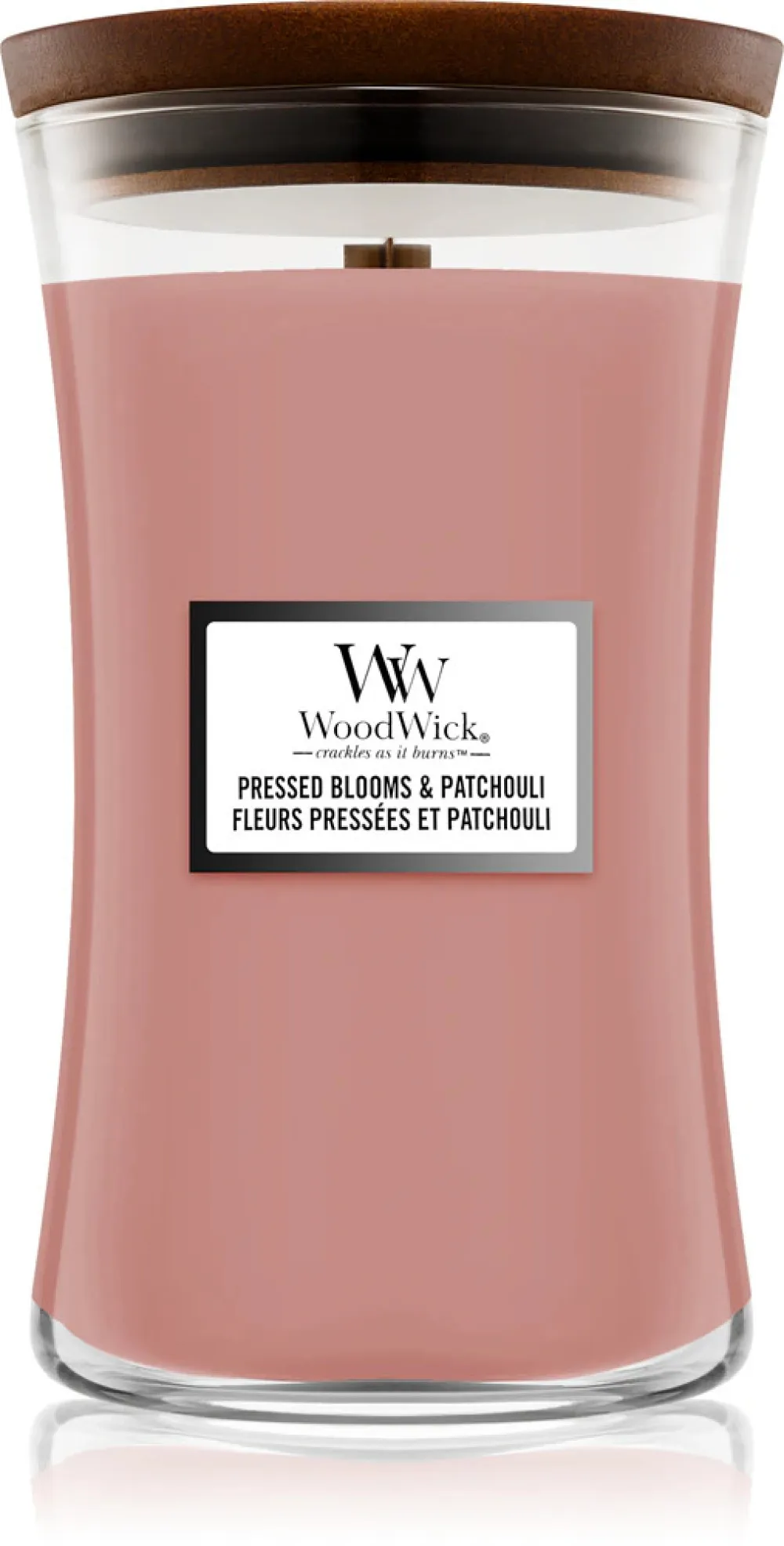 Vela aromática WoodWick Pressed Blooms & Patchouli con mecha de madera 609,5 g