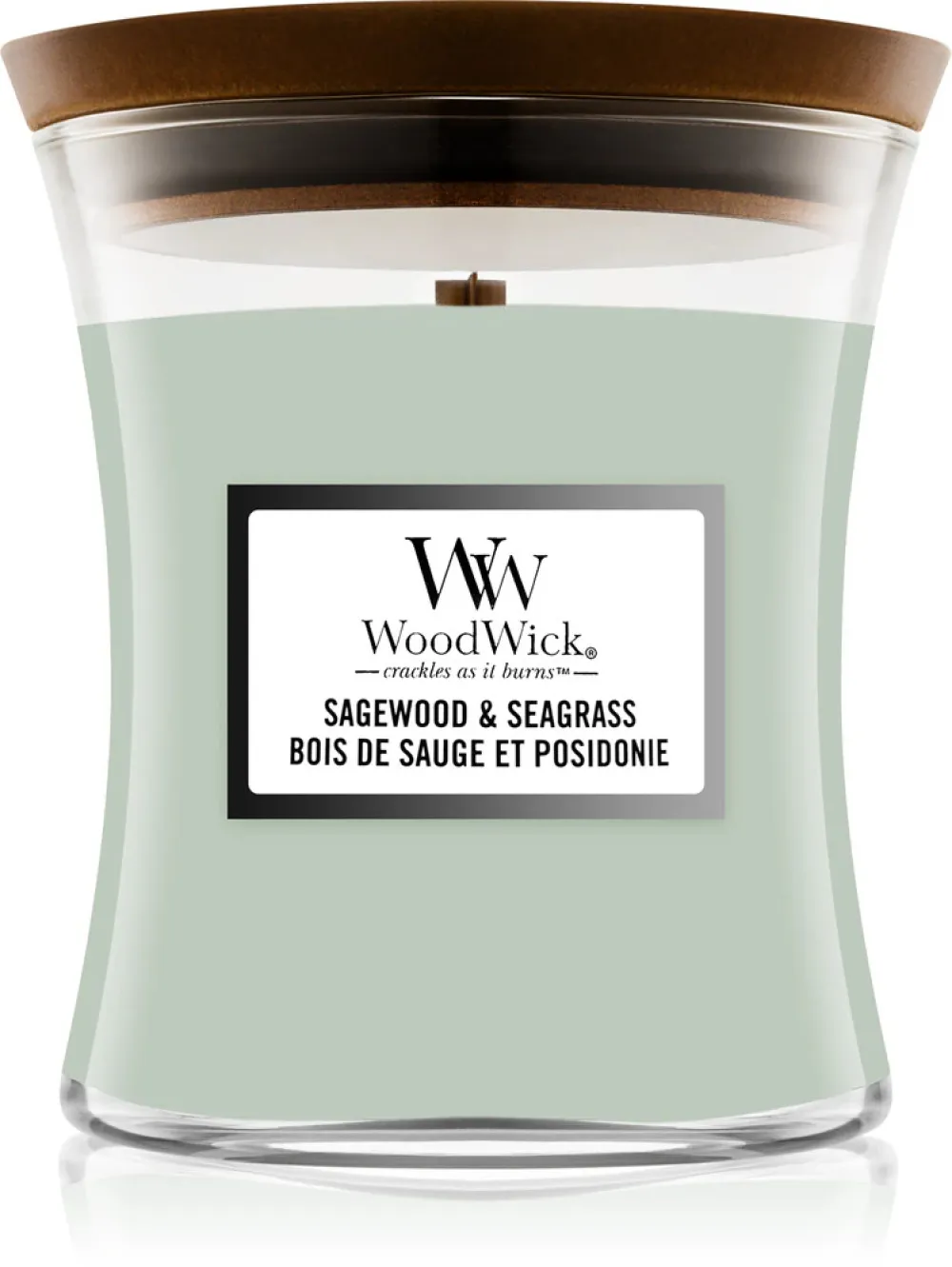 Vela aromática WoodWick Sagewood & Seagrass con mecha de madera 275 g