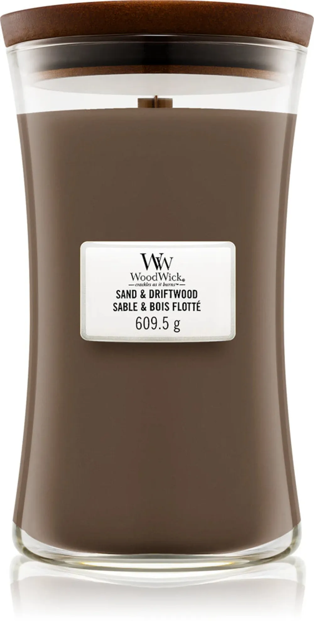 Vela aromática WoodWick Sand & Driftwood con mecha de madera 275 g