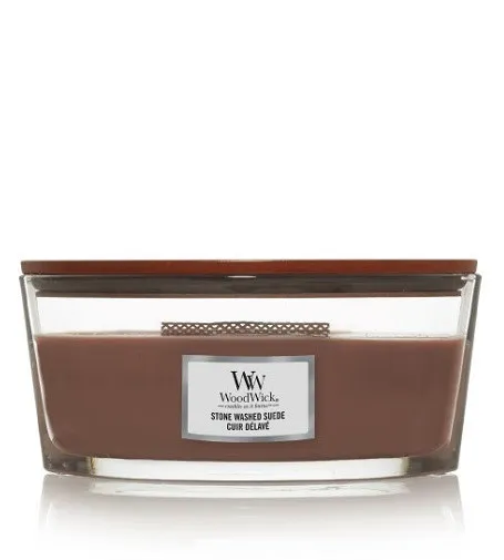 Vela perfumada WoodWick Stone Washed Suede con mecha de madera para mujeres