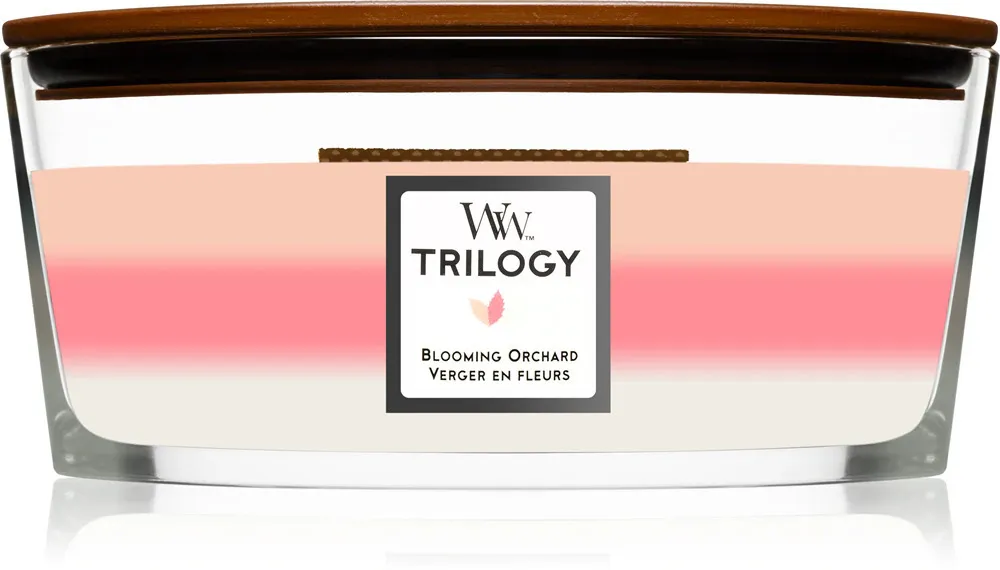 Vela aromática WoodWick Trilogy Blooming Orchard con mecha de madera 453,6 g