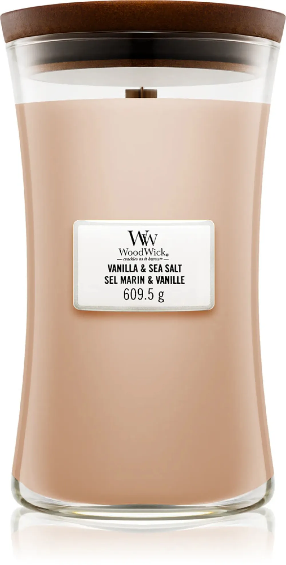Vela aromática WoodWick Vanilla & Sea Salt con mecha de madera 609,5 g