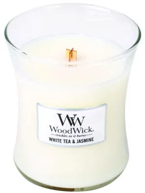 Vela aromática WoodWick White Tea & Jasmine con mecha de madera 275 g