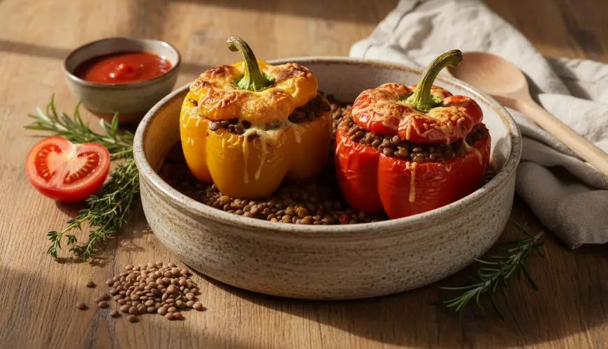 Ragú de lentejas como relleno para pimientos gratinados