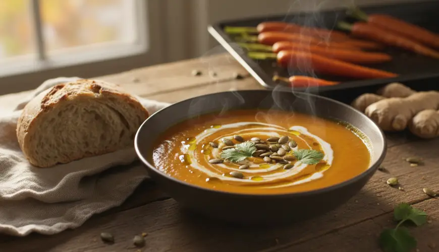 Sedosamente cremosa sopa de zanahoria asada y jengibre sin nata