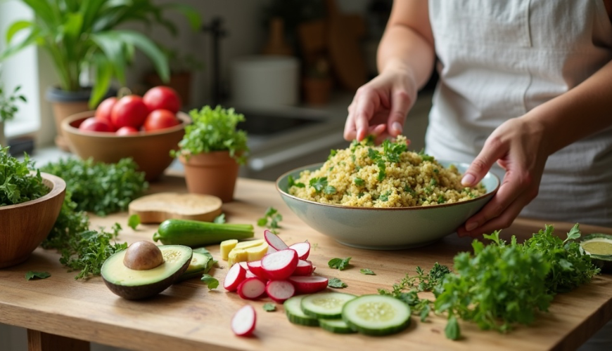 Una ensalada de primavera que llena se hace fácilmente cuando añades proteínas y buenas grasas.