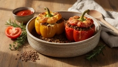Ragú de lentejas como relleno para pimientos gratinados