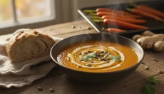 Sedosamente cremosa sopa de zanahoria asada y jengibre sin nata