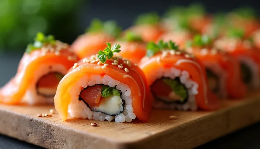 Uramaki como sushi de moda para una comida divertida con amigos