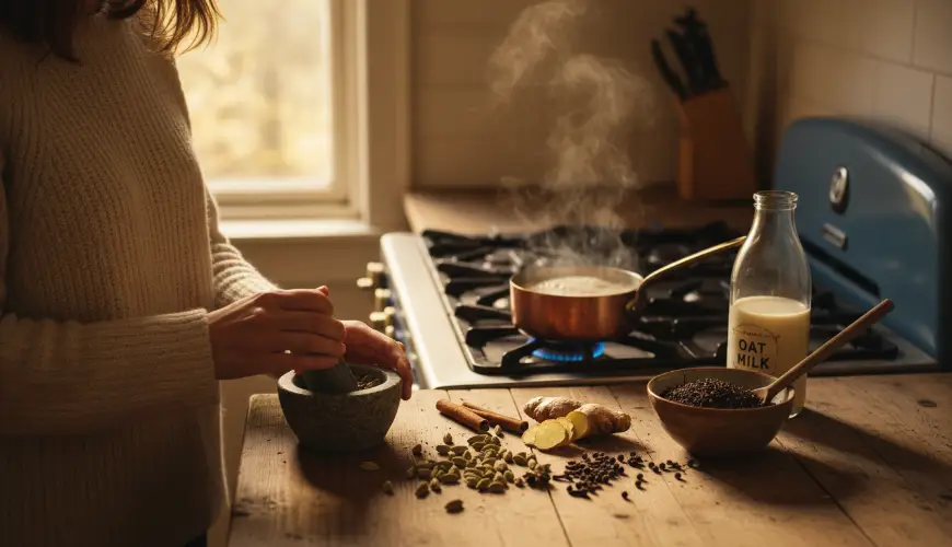 # Uvařte si masala chai od základů s čerstvým kořením

→

# Prepara masala chai desde cero con espec