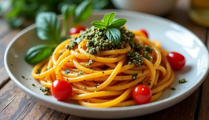 Espaguetis saludables de calabaza con pesto para una comida rápida y sencilla