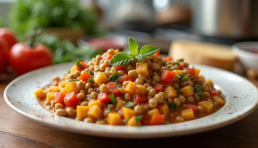 Guiso de verduras con calabacín para cocinar en el jardín en verano